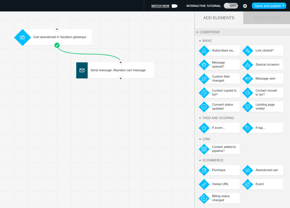 Cart abandonment flow in GetResponse Marketing Automation worfklows.