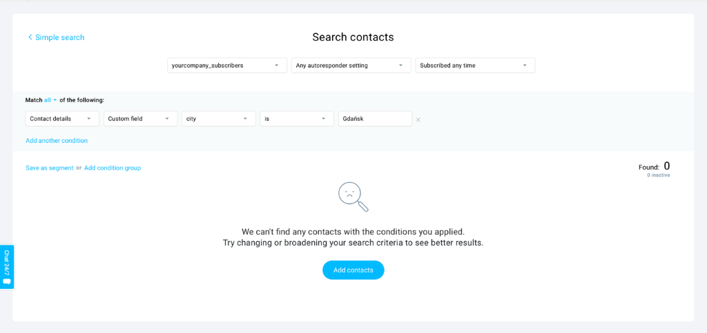 Screenshot of GetResponse "search contacts" interface where you can create segments in your lists.