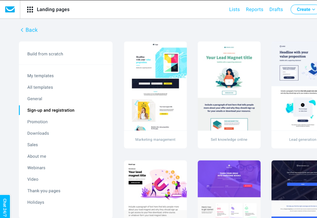 GetResponse landing page template library.