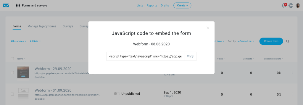 A screenshot of a generated JavaScript code to embed a signup form on your website.