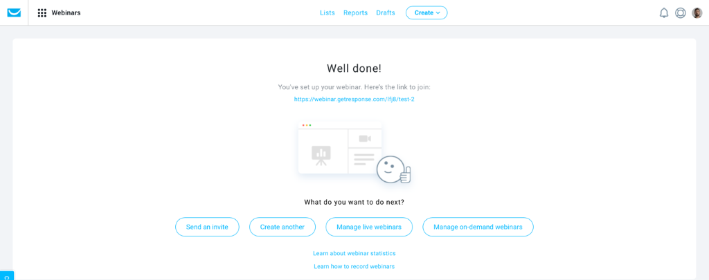 A screenshot of GetResponse interface after you set up a webinar.