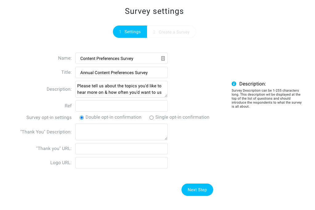 Image showing the first step in survey creating inside GetResponse.