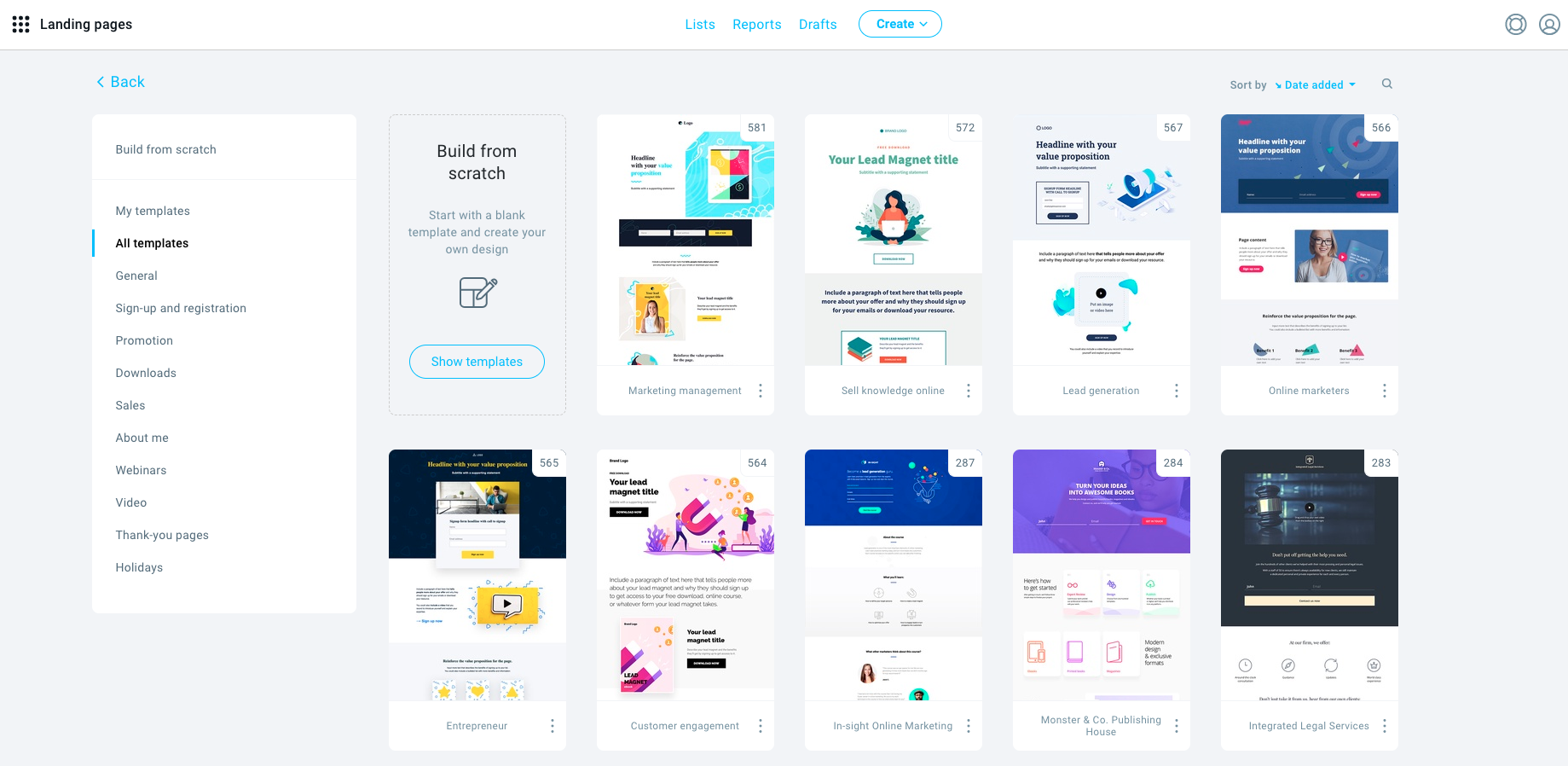 GetResponse landing page templates.