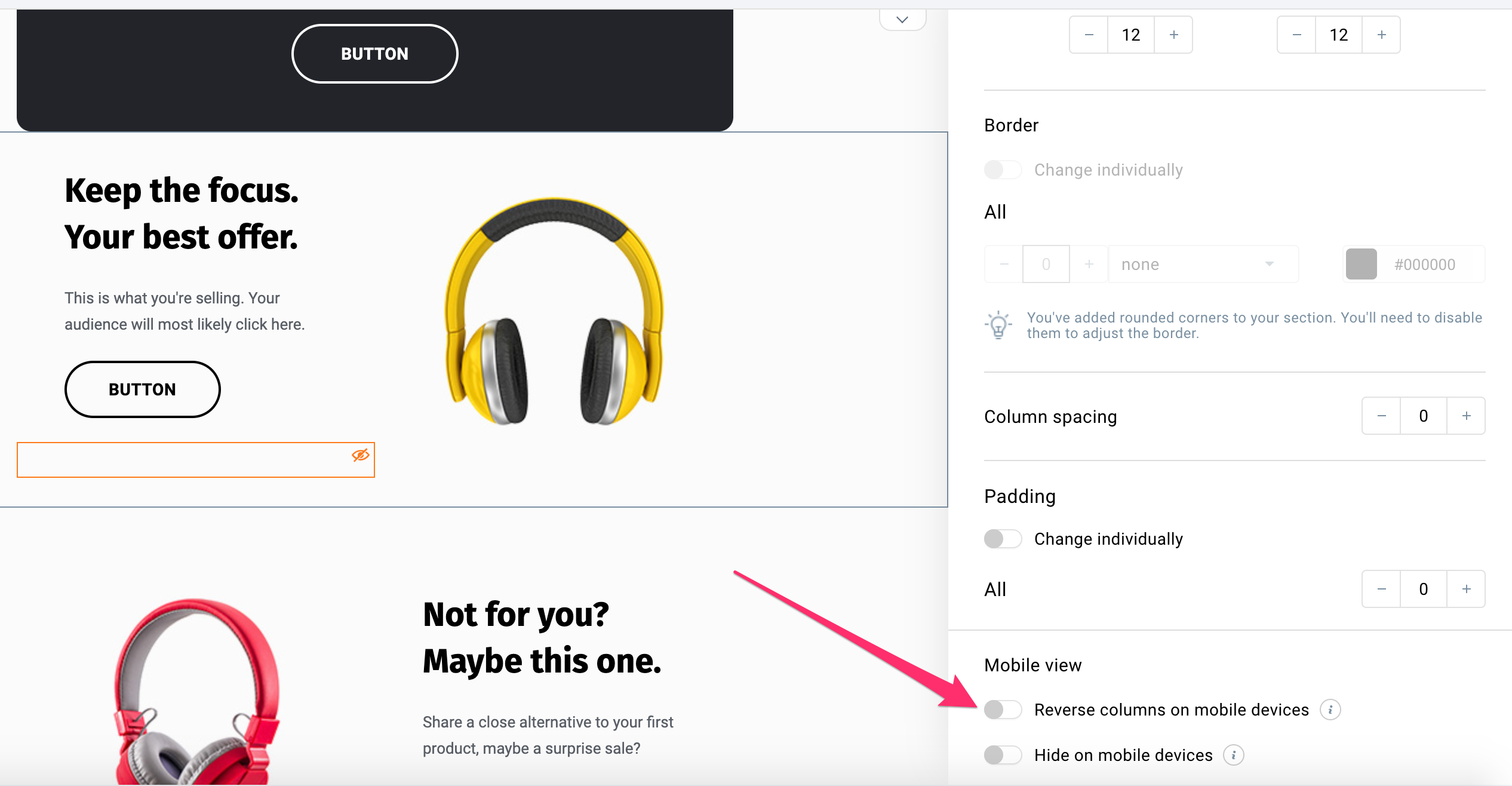 Reverse columns on mobile devices feature in GetResponse Email Creator.