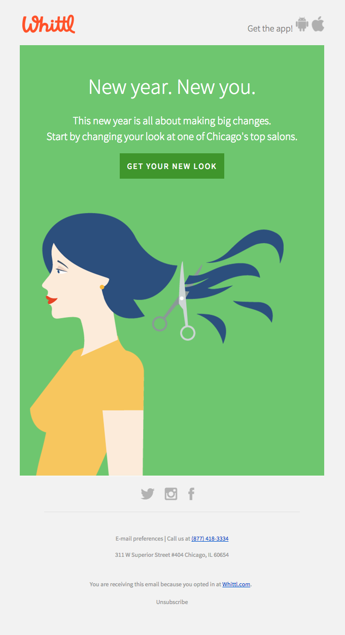 An example of a New Year's email from Whittl.