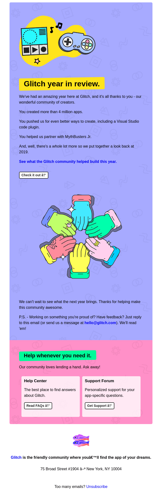 A year in review email example from Glitch.