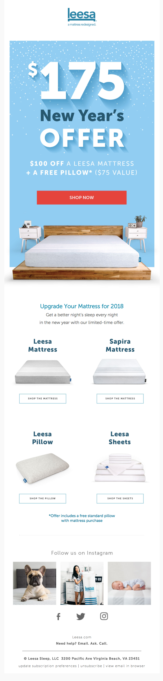 New Year's email example from Leesa.