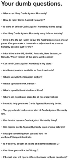 список популярных вопросов и ответов в игре Cards Against Humanity