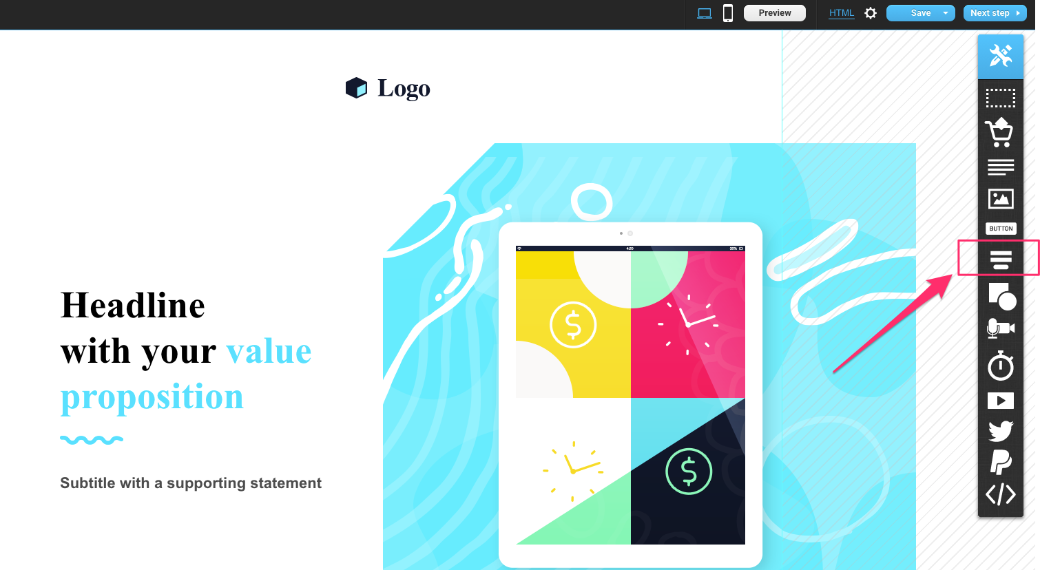Find the form icon on the right side of the Landing Page Creator.