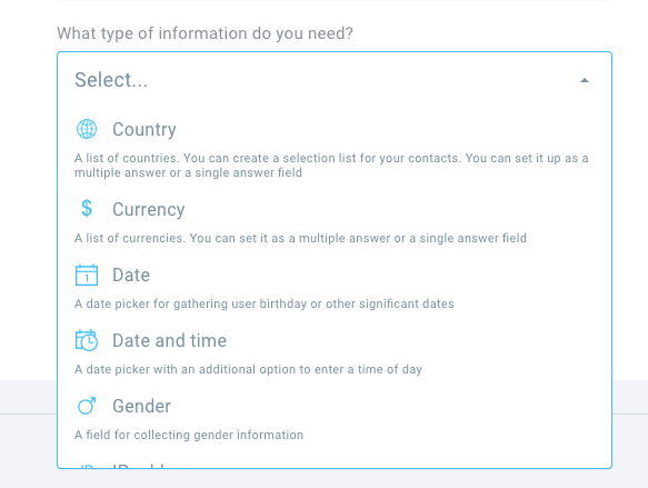 Expandable menu showing custom field types