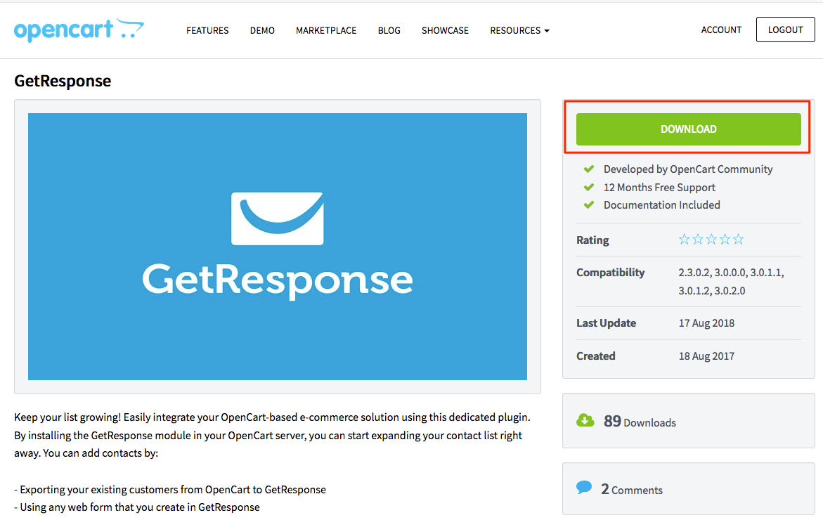 Wtyczka GetResponse na stronie OpenCart Marketplace