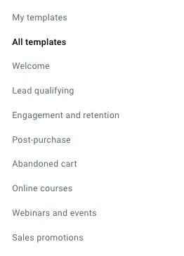 Template categories listed in the menu