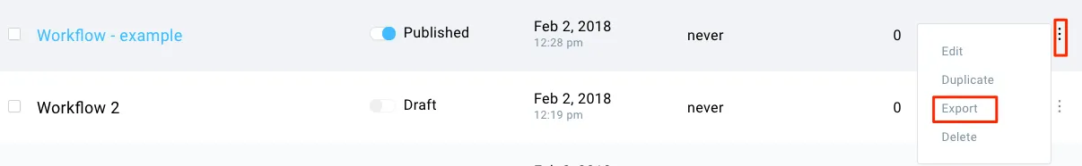 Export option in the menu on Manage workflows