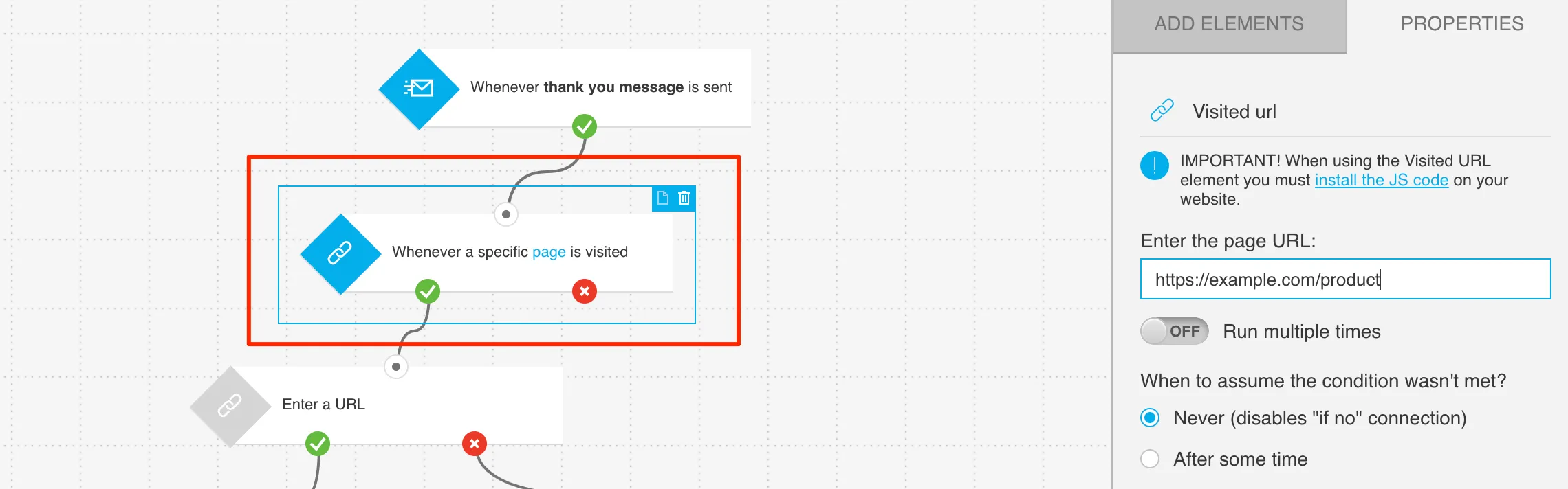 Example configuration of condition tracking visits to product page