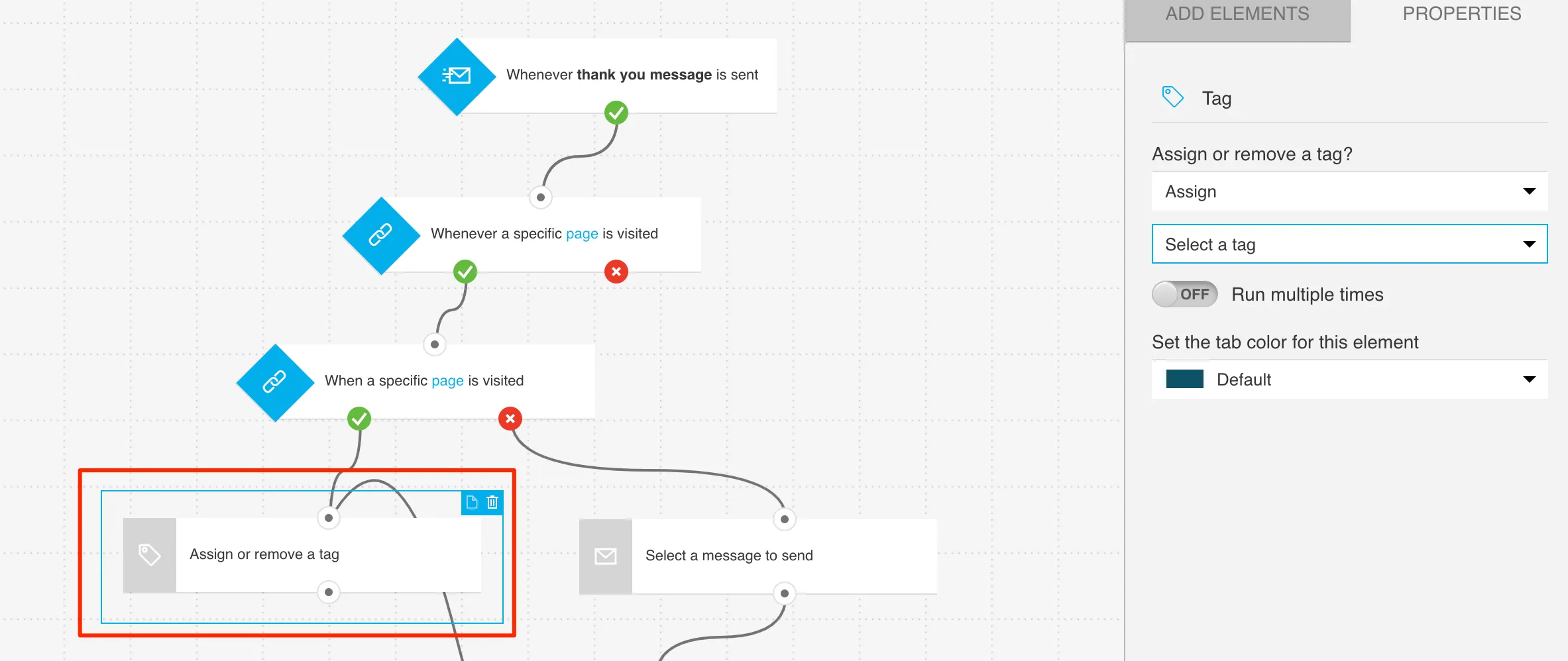 Configuration options for Tag action shown