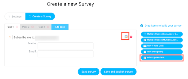survey subscription form settings.