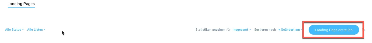 Erstellungsbutton auf der Verwaltungsseite für Landing Pages.