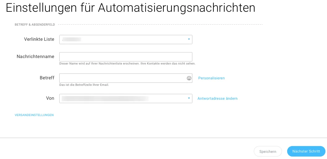 Einstellungsoptionen für Automatisierungsnachricht werden angezeigt.