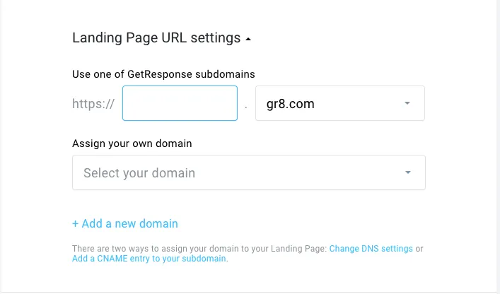 Landing page URL settings section