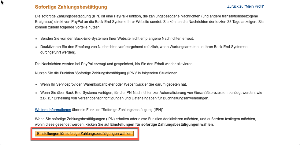 PayPal Zahlungsbestätigung wählen.