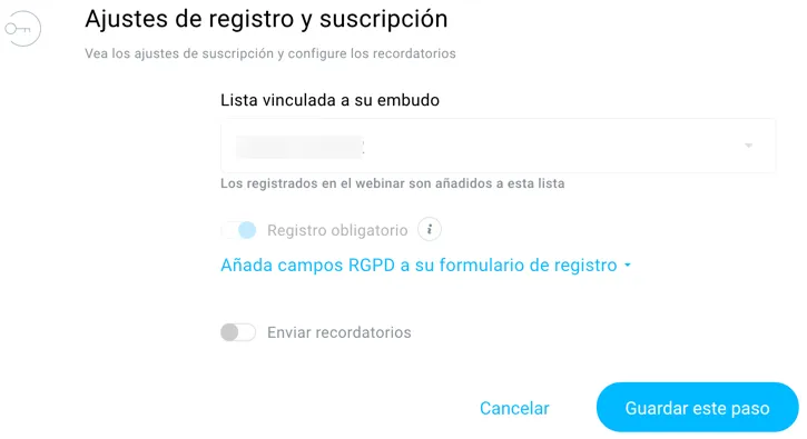 Ajustes de registro y suscripción.