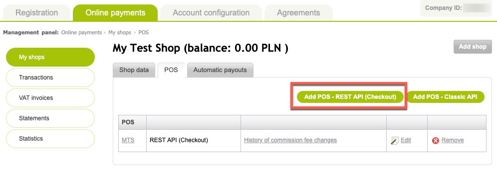 Location of Add POS - REST API (Checkout) button in PayU