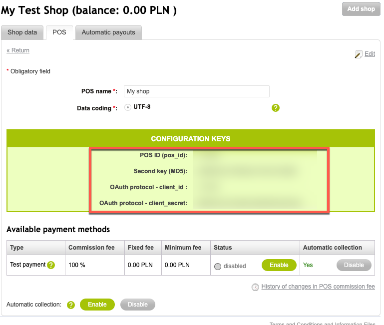 Image displaying the end result of creating a POS key in PayU