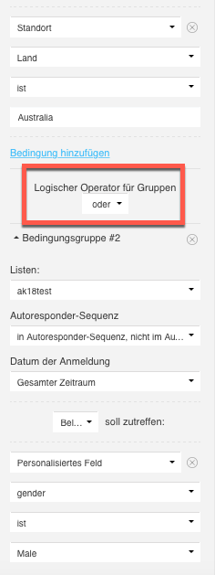 Bedingungen mit der Auswahl Oder.