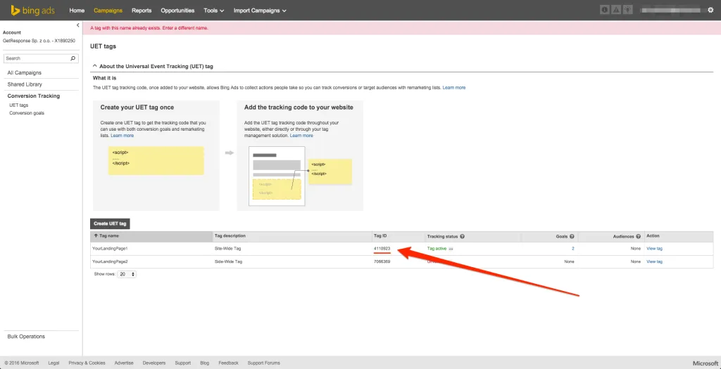 Bing Ads UET tags page.
