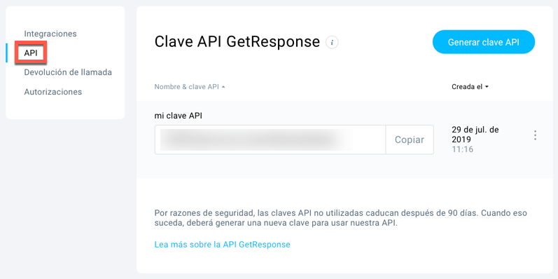 Copiar clave API.