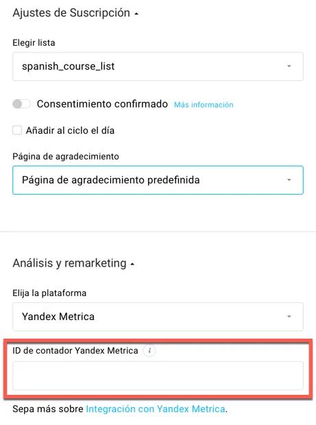 Pegar el ID de contador Yandex Metrica.