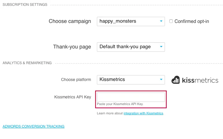 Kissmetrics field in Landing Page