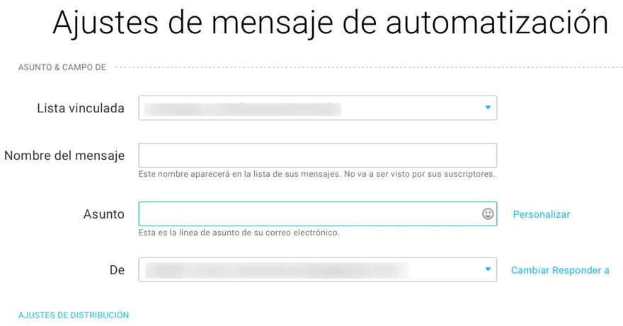 Ajustes de mensaje de automatización.