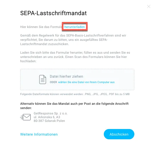 Auswahlfenster SEPA Lastschriftmandat.