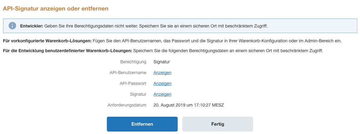 Auswahl API-Signatur anzeigen oder entfernen.