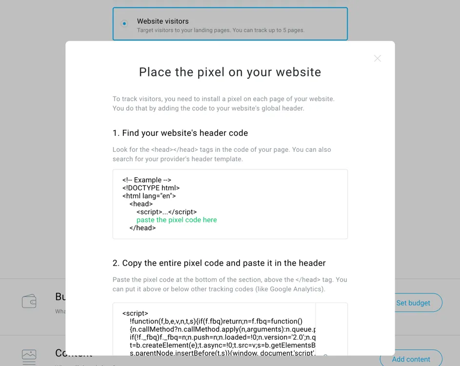 Install pixel code on page.