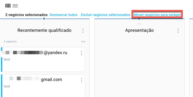 mover negócios selecionados de diferentes estágios