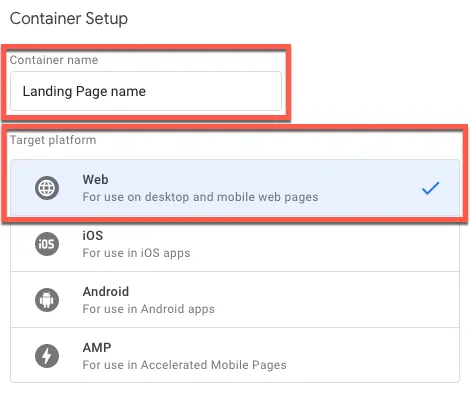 tag manager container setup.