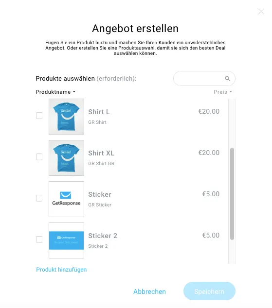 Produktauswahl für die Upselling-Page.