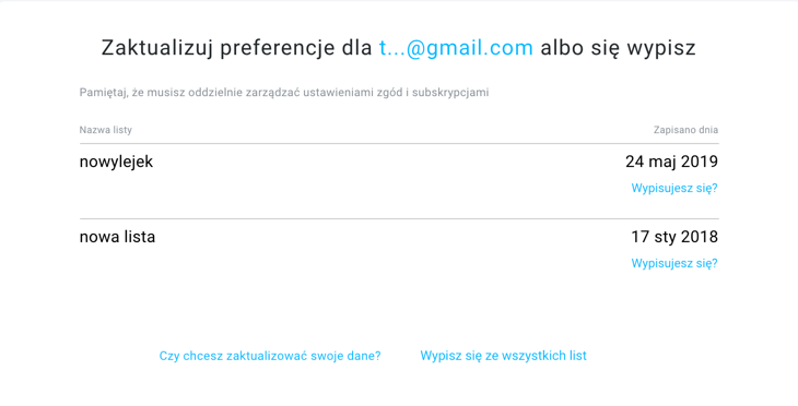 Strona rezygnacji z subskrypcji i szczegółów zgód.