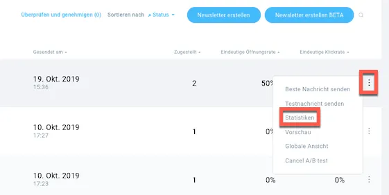 Menü Nachrichtenstatistik.