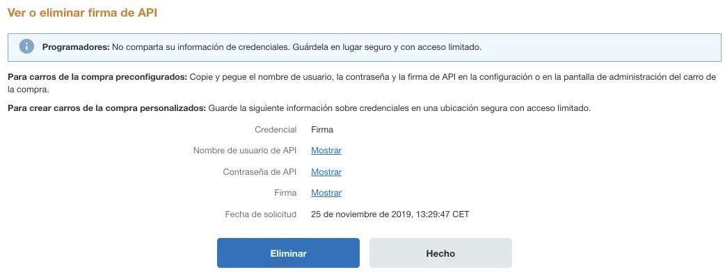 Página con credenciales de API.