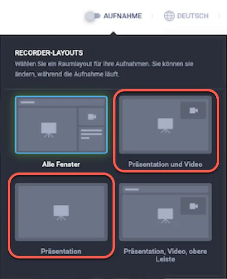 Empfohlene Layouts für die Webinar Aufnahme.