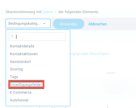 Auswahl Einwilligungsfelder.