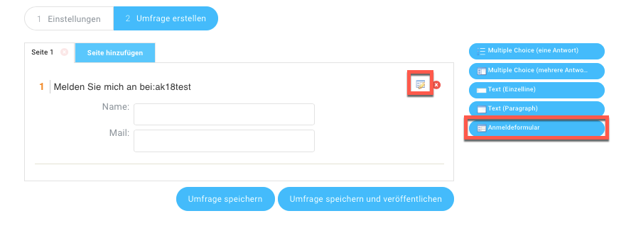 Umfrage Einstellungen Anmeldeformular.