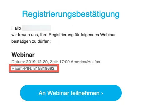 Webinar Bestätigung mit Raum PIN.