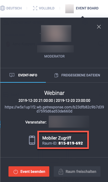 Webinar Event-Board mit Raum-ID für den mobilen Zugriff.