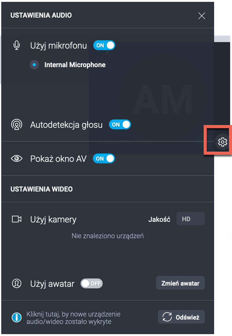 Ustawienia audio/wideo webinary.