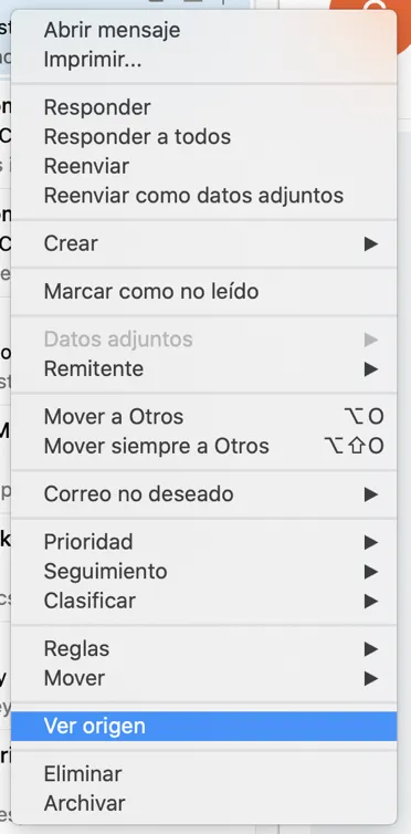 Ver origen en Outlook