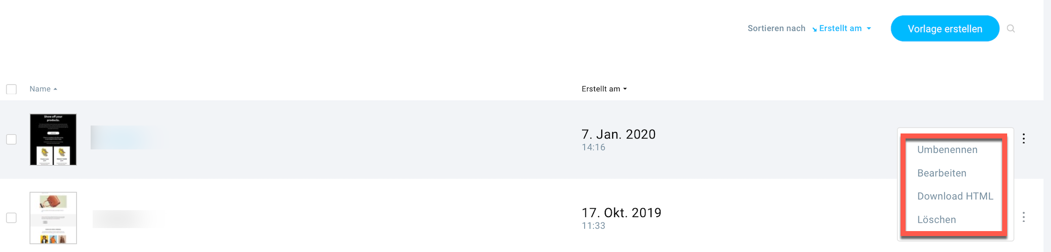 Auswahl Vorlage verwalten.